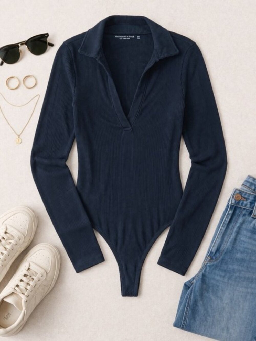 Abercrombie & Fitch Women's Soft A&F Rib Polo Bodysuit Long Sleeve